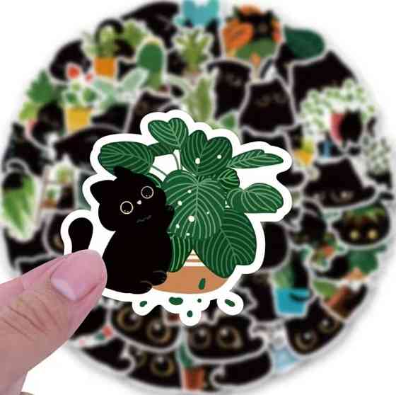 Набор наклеек с черными котами и растениями 50 шт, виниловые декоративные стикеры Киев