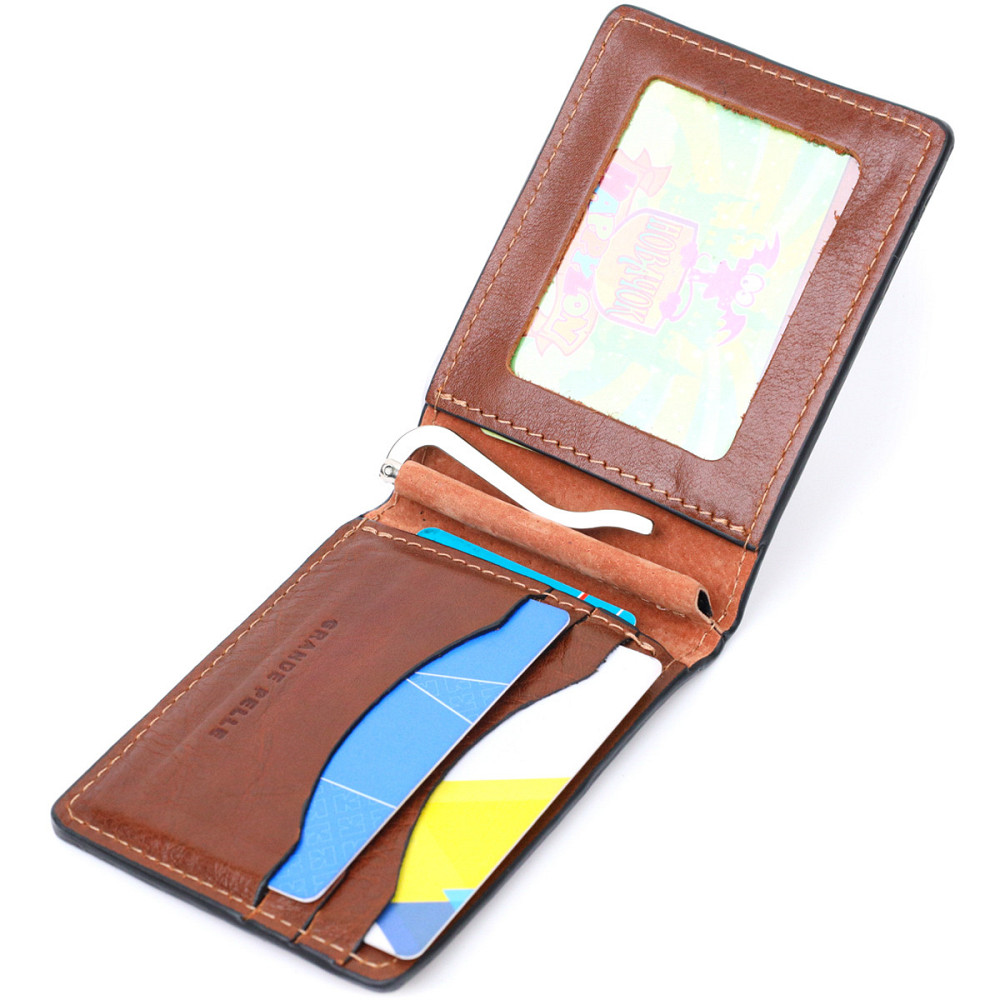 Зручний шкіряний затискач для грошей GRANDE PELLE 11636 Коричневий Київ - фото 5