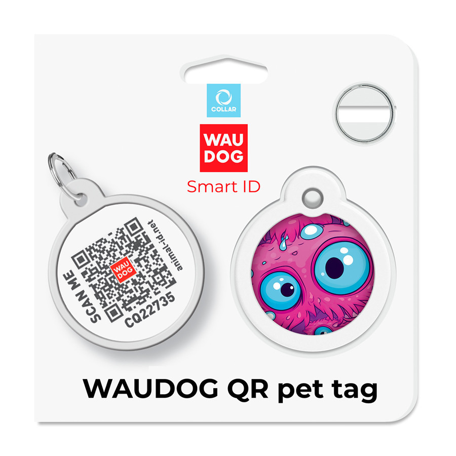 Адресник для собак і котів металевий WAUDOG Smart ID з QR паспортом, малюнок "Око монстра", коло, Д 30 мм Київ - фото 5