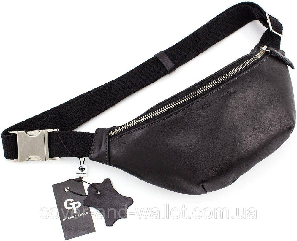 Чёрная сумка бананка на пояс среднего размера из итальянской кожи Grande Pelle 741610 Киев - изображение 3