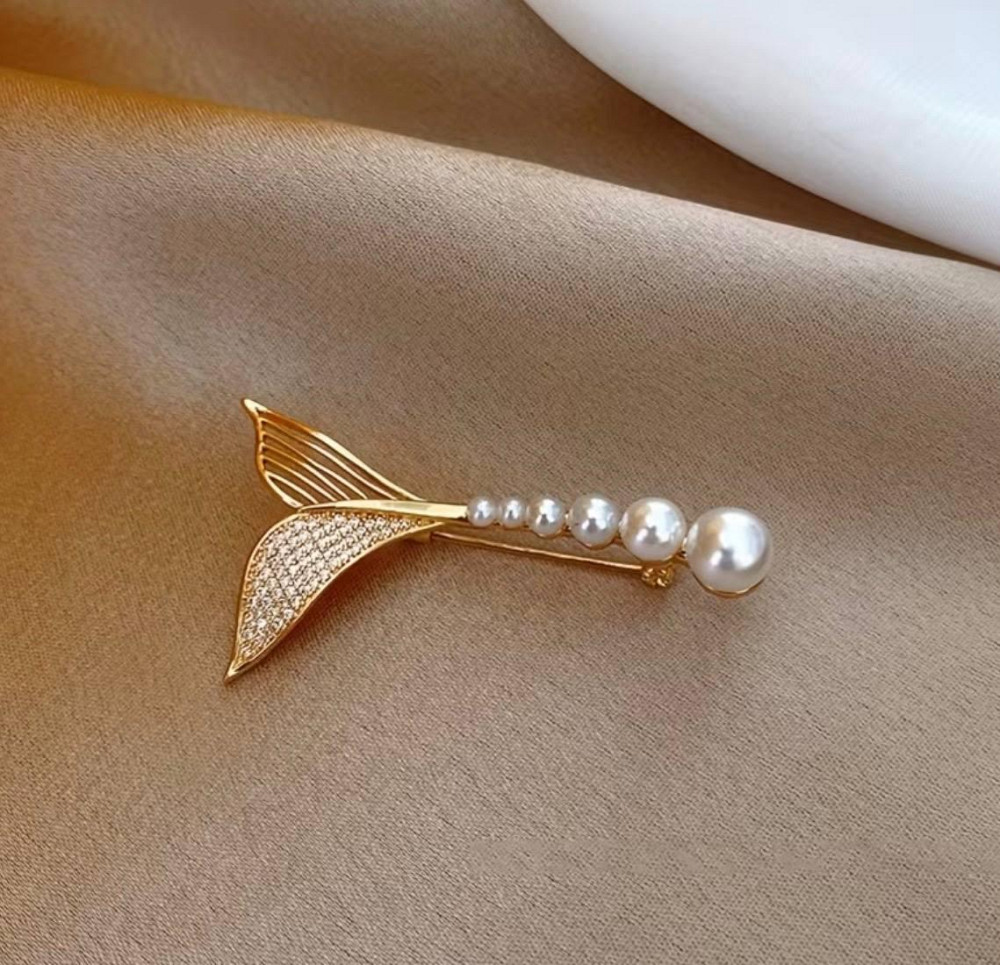 Брошь Рыбий хвост с жемчугом, элегантная брошь морской стиль, женская брошь на пиджак или пальто Киев - изображение 1