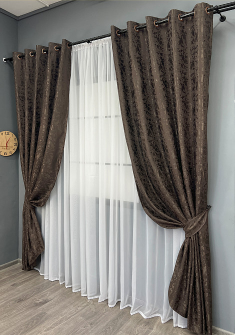 Комплект штор на люверсах VR-Textil Льон мармур Pavliani ХО № 1910ш Венге 150х250 см 2 шт (37-0321) Київ - фото 3