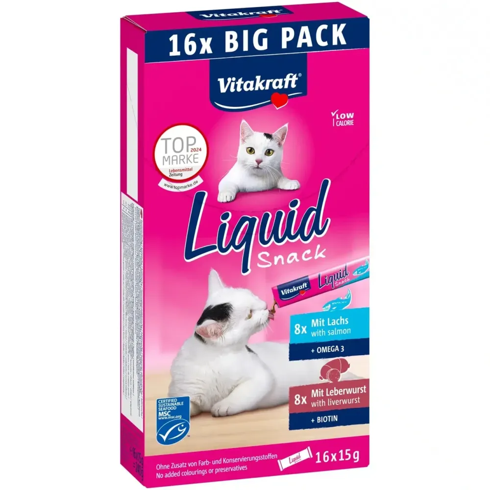 Ласощі для котів Вітакрафт Vitakraft Liquid Snack крем снеки зі смаком лосося та ліверної ковбаси (2 смаки) 16 шт х 15 г Вінниця - фото 1