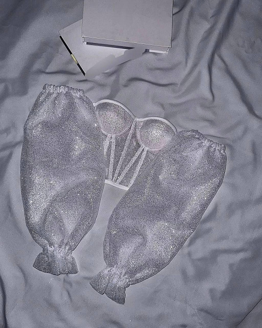 Женский романтичный топ - бюстье с имитацией корсета и спущенными пышными рукавами люрекс L/XL Одесса - изображение 1