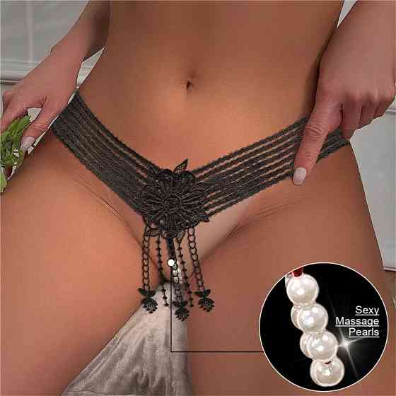 Трусики з намистинками та квіткою чорні - розмір універсальний, резинка до 90см Київ