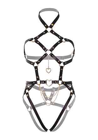 Портупея-тедді з екошкіри Leg Avenue Heart ring harness teddy M, Black, підвіска-сердечко, ланцюги Sex Aura Київ