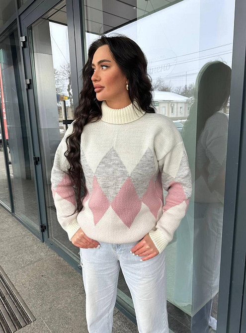 Жіночий в'язаний светр із високою горловиною триколірний.  42-48р Київ - фото 9