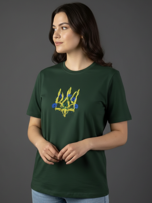 Жіноча Футболка з Тризубом ( колоски і волошки) в кольорі хакі Київ - фото 2