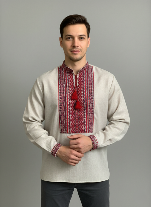 Вишиванка кольору льону з геометричним орнаментом. Київ - фото 1