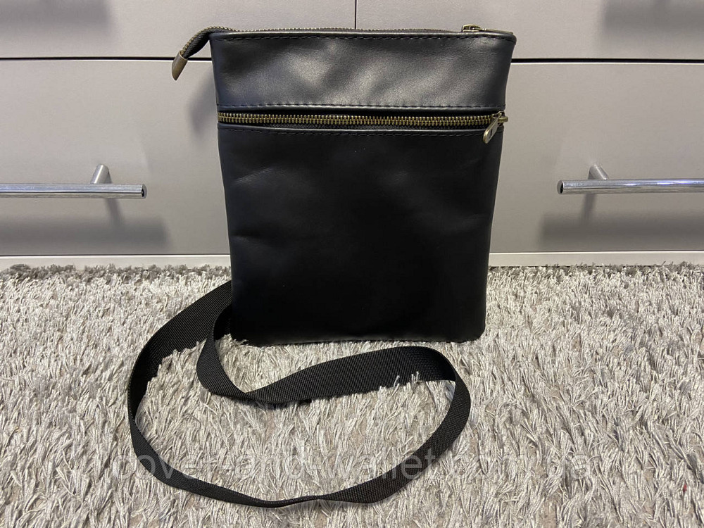 Стильная тонкая мужская сумка на плечо из итальянской кожи черного цвета PS Leather Киев - изображение 6