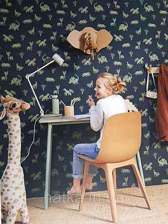 Обои флизелиновые детские  Caselio Our Planet животные динозавры пальмы зеленые на темно синем фоне Киев
