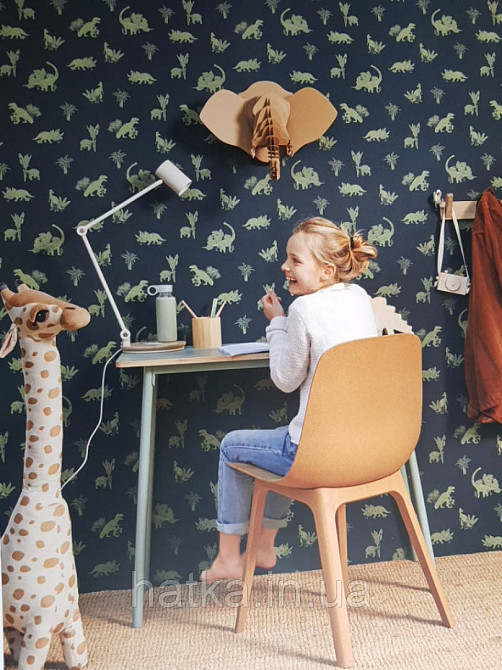 Обои флизелиновые детские  Caselio Our Planet животные динозавры пальмы зеленые на темно синем фоне Киев - изображение 2