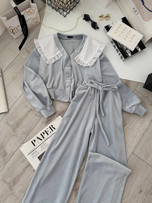 Жіночий плюшевий костюм-двійка: кофта з коміром і штани велюр Блакитний, 42/44 Одеса - фото 1