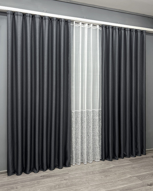 Комплект штор VR-Textil Льон Мішковина 200х270 2шт і Тюль 500х270 1161ш-1672т Графітовий з білим 71-163/6 Київ - фото 3
