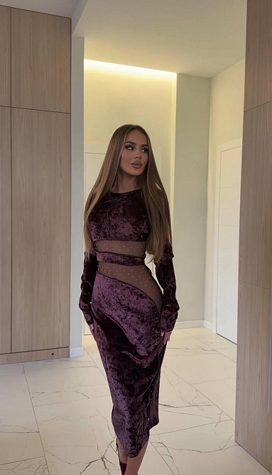 Жіноче святкове, привабливе мідіплаття з м'якого оксамиту зі вставками сітки з камінчиками Сливовий, 42/44 Одеса - фото 5