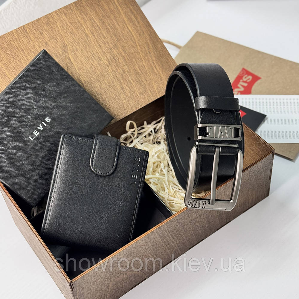 Мужской подарочный набор ремень и портмоне в деревянной коробке Levis (518) Киев - изображение 1