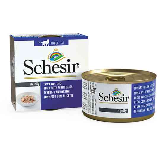 Schesir Tuna with Whitebaits ШЕЗИР ТУНЕЦ С АНЧОУСАМИ в желе полнорационный влажный корм консервы для котов, банка 85г Киев