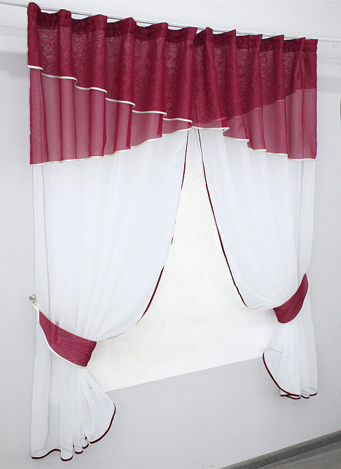 Кухонные шторы VR-Textil № 091к с ламбрекеном и подвязками бордовый с белым 270х170 см (50-594) Киев - изображение 2
