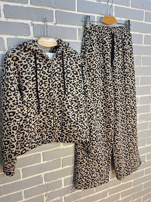 Костюм женский W 9231 леопардовый утепленный флис худи и брюки палаццо коричневый, коричневый, M Киев - изображение 7