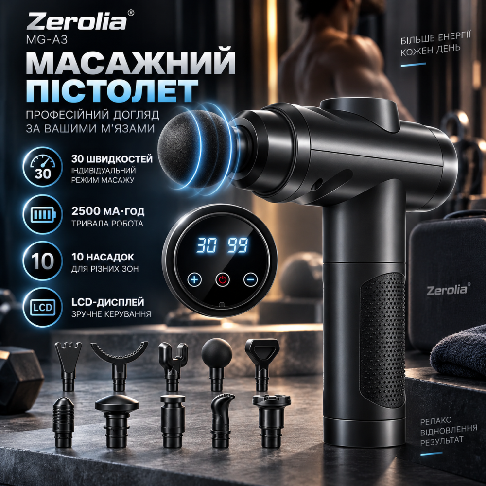 Перкусійний ударний масажер Zerolia MG-A3: професійний масажний пістолет, 30 швидкостей, 10 насадок, 2500 мАг, LCD Київ - фото 10
