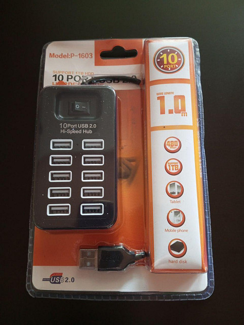 USB HUB на 10 портов USB 2.0, с выключателем, активный (в блистере) Полтава - фото 1