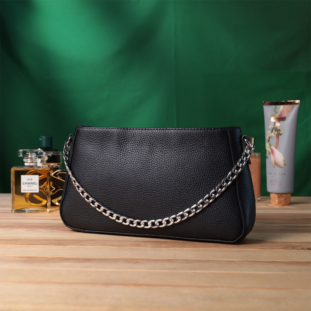 Жіноча сумка багет з ланцюжком і ремінцем який знімається з зернистої натуральної шкіри Shvigel 22837 Чорна Київ - фото 9