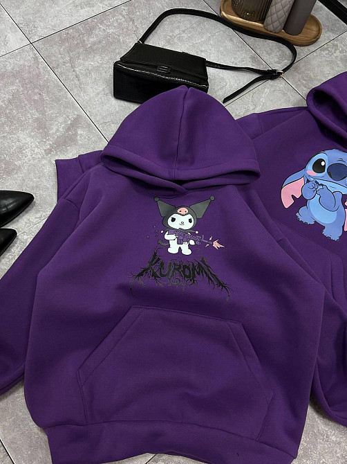 Жіноче затишне тепле худі оверсайз із милим принтом тринитка Тедді + тринитка з начосом пеньє Фіолетовий 2 Одеса - фото 1