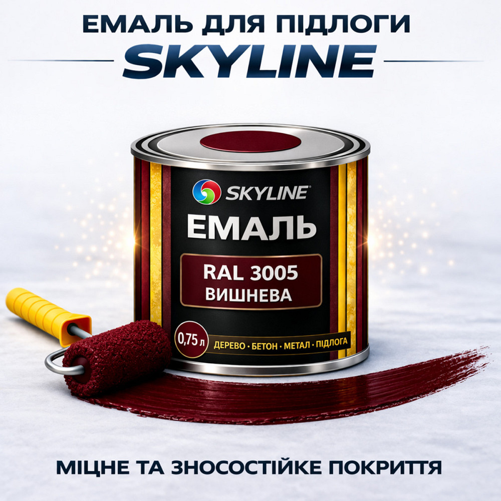 Фарба для підлоги SkyLine RAL 3005 Вишнева акрилова емаль, зносостійка, вологостійка, без запаху, для бетону та дерева 0.75 л Харків - фото 1