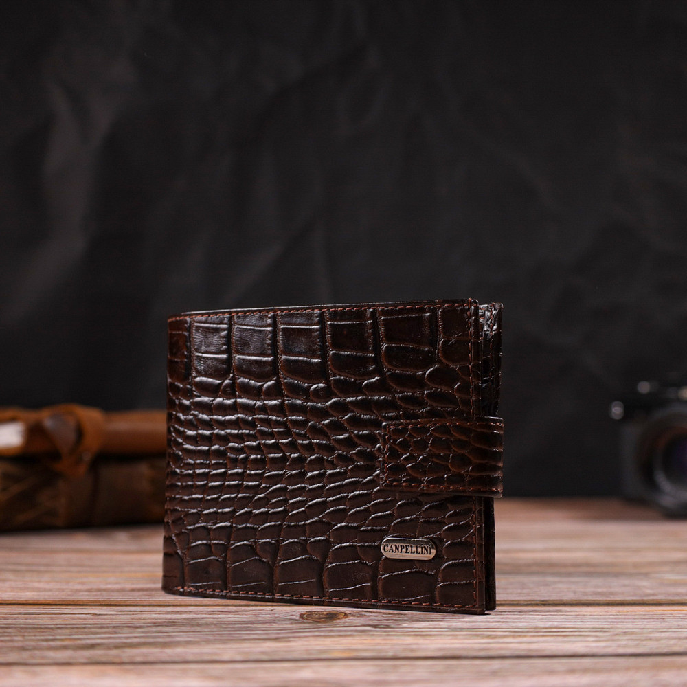 Функціональний горизонтальний гаманець для чоловіків з натуральної шкіри з тисненням під крокодила CANPELLINI 21885 Коричневий Київ - фото 3