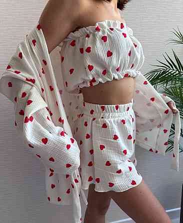 Жіночий ніжний домашній костюм-трійка: халат топ і шорти із сердечками муслін 100% бавовна Білий 2 Одеса