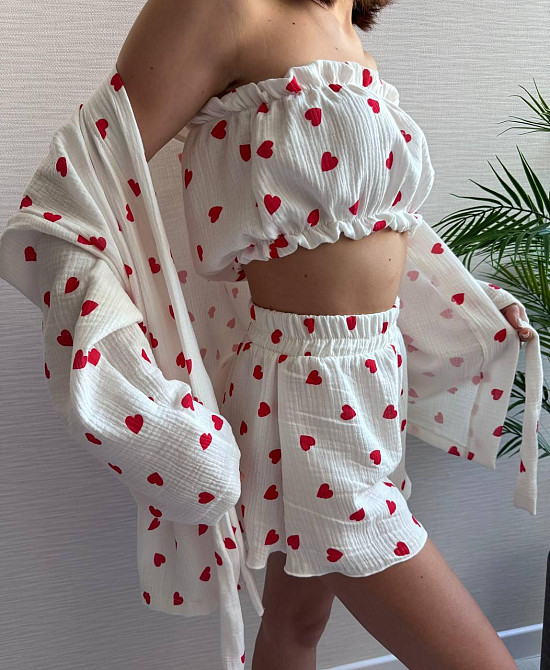 Жіночий ніжний домашній костюм-трійка: халат топ і шорти із сердечками муслін 100% бавовна Білий 2 Одеса - фото 3