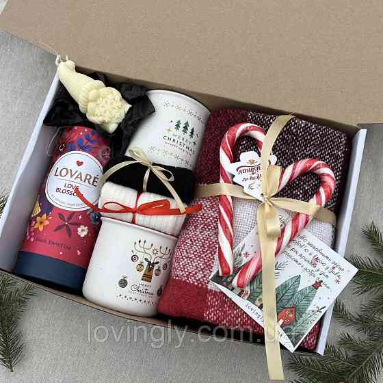 Новорічний набір для двох: плед , 2 чашки,чай, 2 пари вовняних шкарпеток Ірпінь