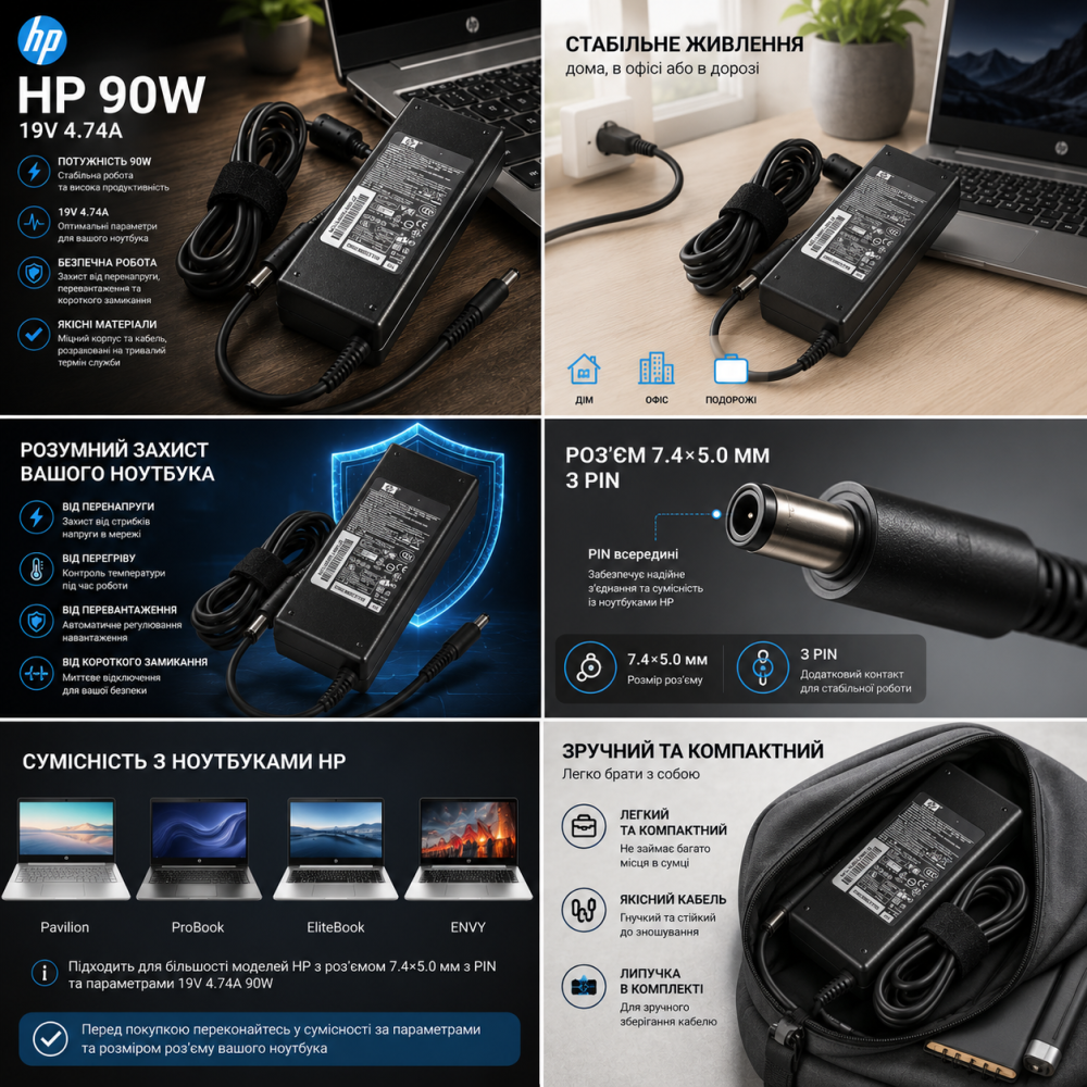 Блок питания для ноутбука HP 90W 19V 4.74A, штекер 7.4×5.0 мм с PIN, адаптер Киев - изображение 3