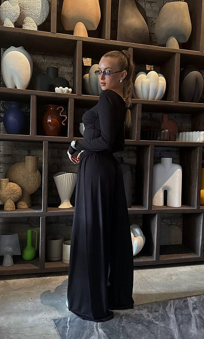 Жіночий стильний костюм-двійка: лонгслів з імітацією бра та штани віскоза Чорний Одеса - фото 6