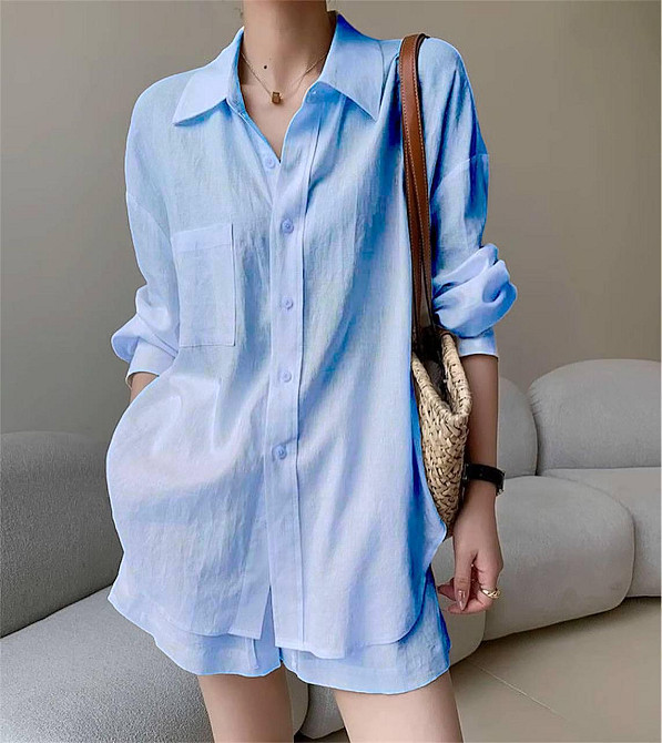 Женский базовый летний костюм двойка: рубашка и шорты креп жатка 42/44, Голубой Одесса - изображение 1