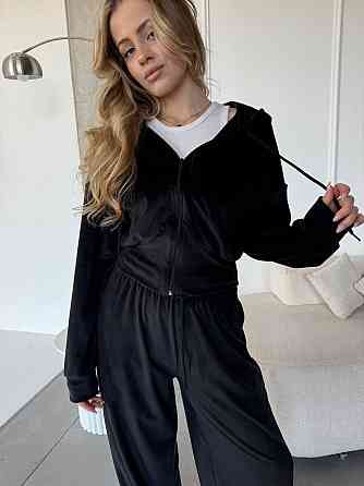 Женский повседневный костюм двойка: кофта и штаны велюр Черный, 46/48 Одесса