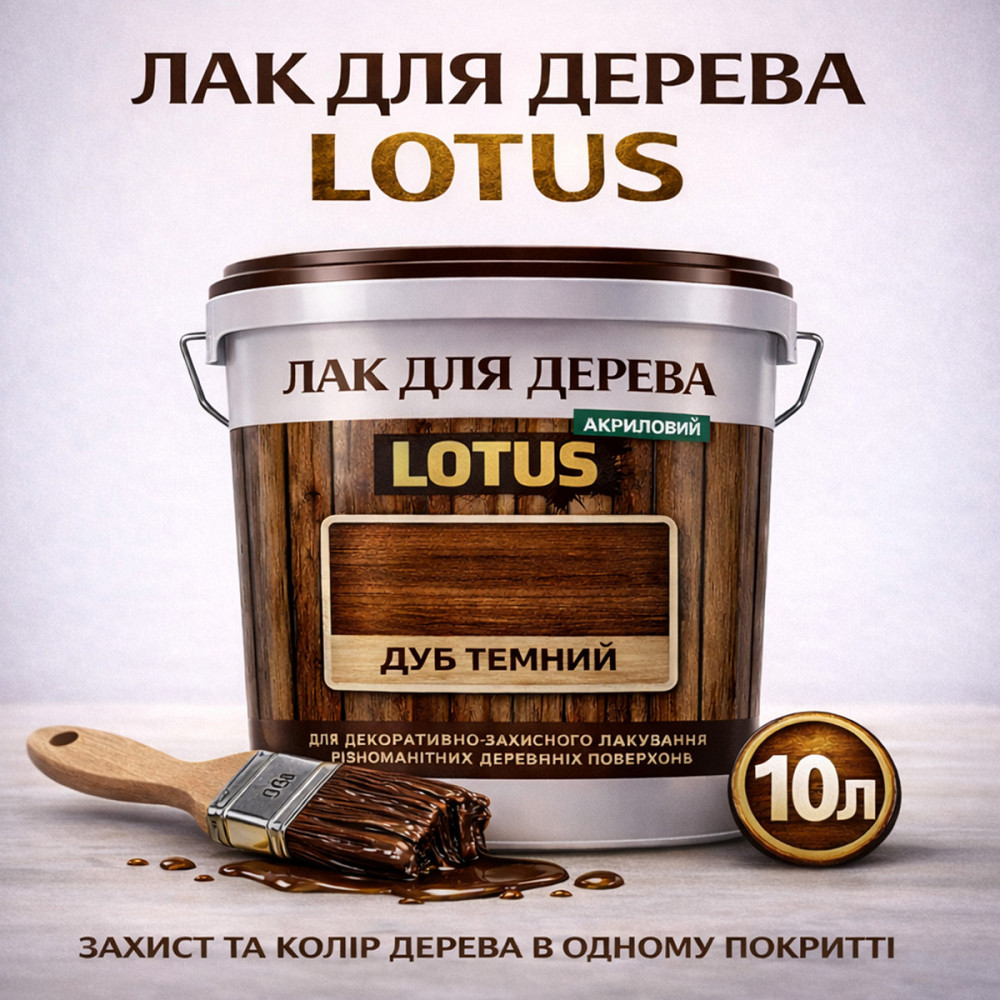 Лак для дерева кольоровий LOTUS Дуб темний, глянцевий, без запаху, зносостійкий, для внутрішніх та зовнішніх робіт, 10 л Харків - фото 1