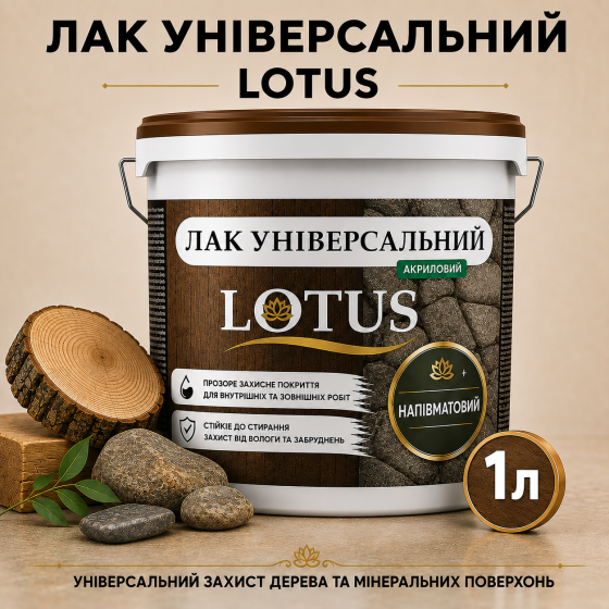 Лак універсальний акриловий LOTUS прозорий напівматовий без запаху зносостійкий для дерева, каменю, бетону та інших поверхонь 1 л Харків