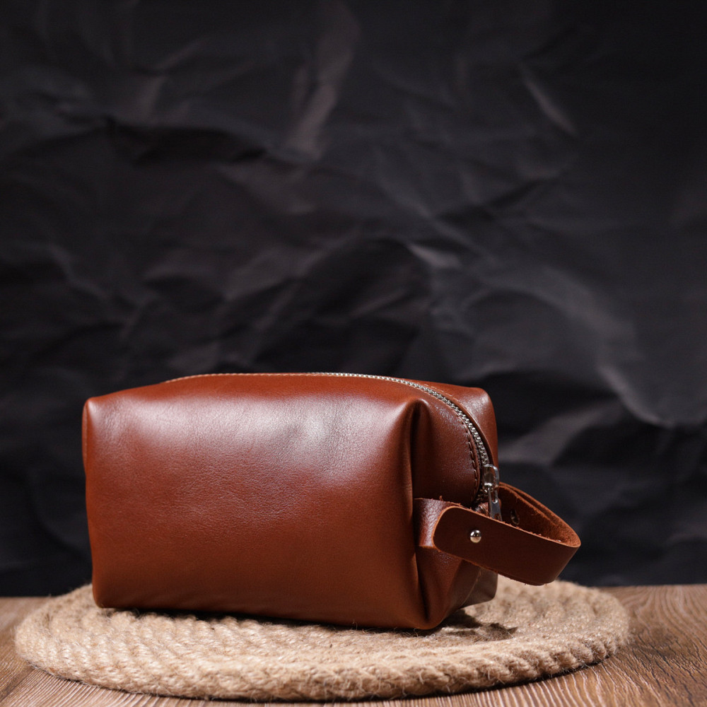 Чоловіча косметичка середнього розміру із гладкої шкіри на блискавці Серце GRANDE PELLE 16765 Світло-коричнева Київ - фото 7