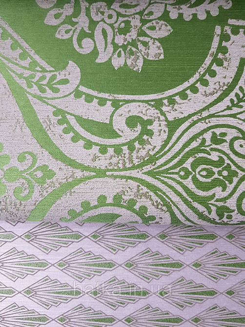 Шпалери текстильні еко 0.53х10.05 Rasch Textil Valentina класика вензелі дамаски сірі на зеленому салатовому Київ - фото 3