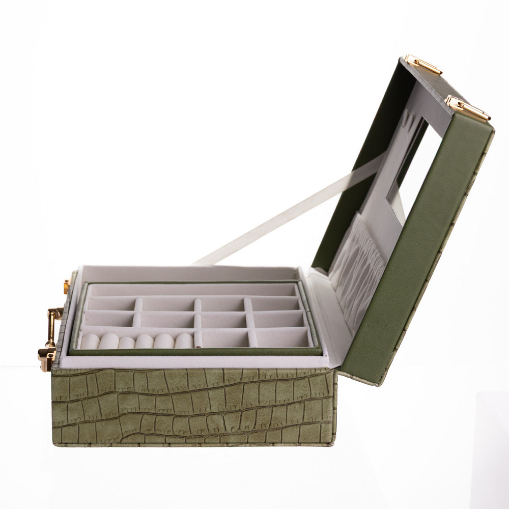 Скринька для прикрас з еко шкіри 19 відділень з дзеркалом 23.5×14×8 см Зелений HP-5-20GR Коломия - фото 6