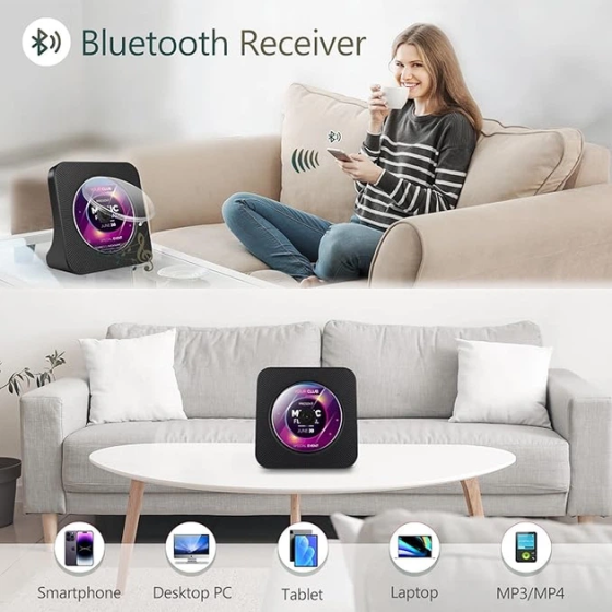 Портативний CD-плеєр Bluetooth 5.0 Hi-Fi — Настільний програвач з FM-радіо, USB та таймером сну, Чорний матовий Київ
