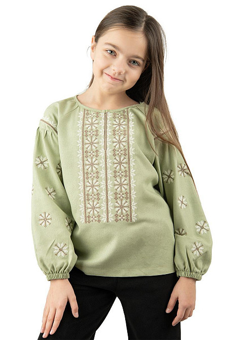 Вишиванка для дівчаток лляна з довгим рукавом, оливкова топ Юрма Одяг 164 Київ - фото 1