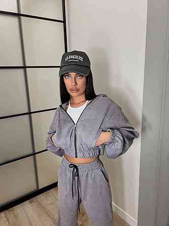 Женский прогулочный спортивный костюм двойка: кофта и штаны микровельвет Серый, 46/48 Одесса