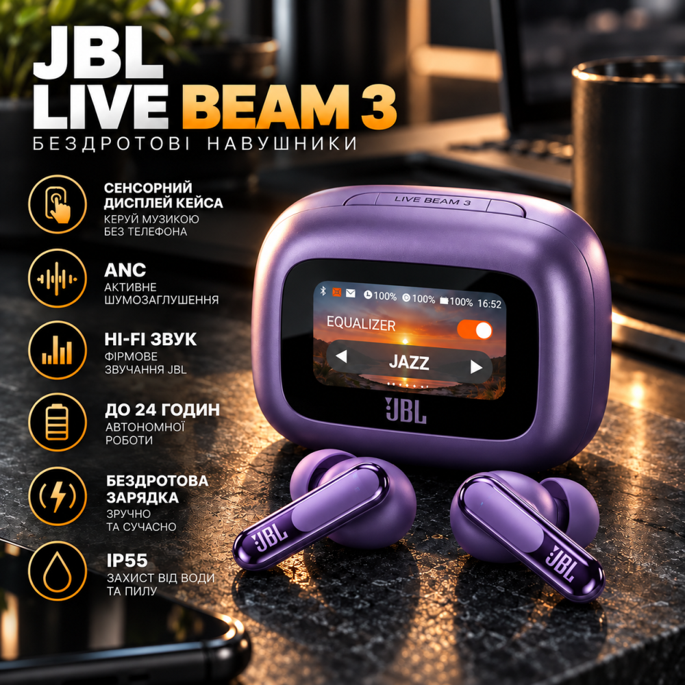 Навушники JBL Live Beam 3 Purple Bluetooth з сенсорним дисплеєм кейсу, ANC, Hi-Fi звук, до 24 год, бездротова зарядка Київ - фото 11