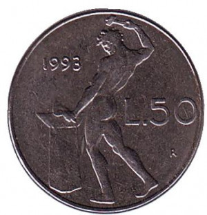 Бог вогню Вулкан біля ковадла. Монета 50 лір. 1990-95 рік, Італія. Полтава - фото 1