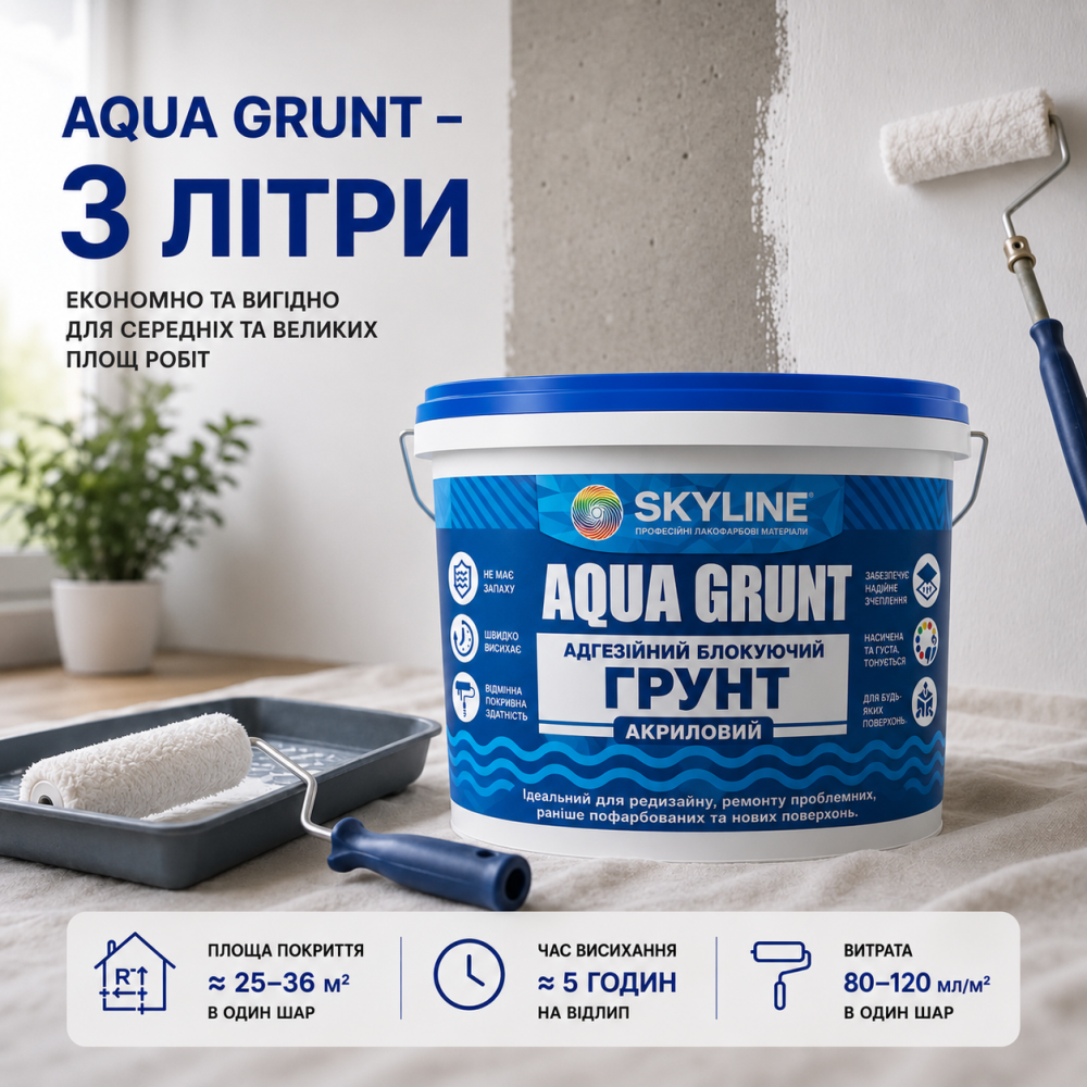 Ґрунтовка акрилова адгезійна блокувальна Skyline Aqua Grunt, біла, без запаху, для фарбованих поверхонь, 3 л Харків - фото 11