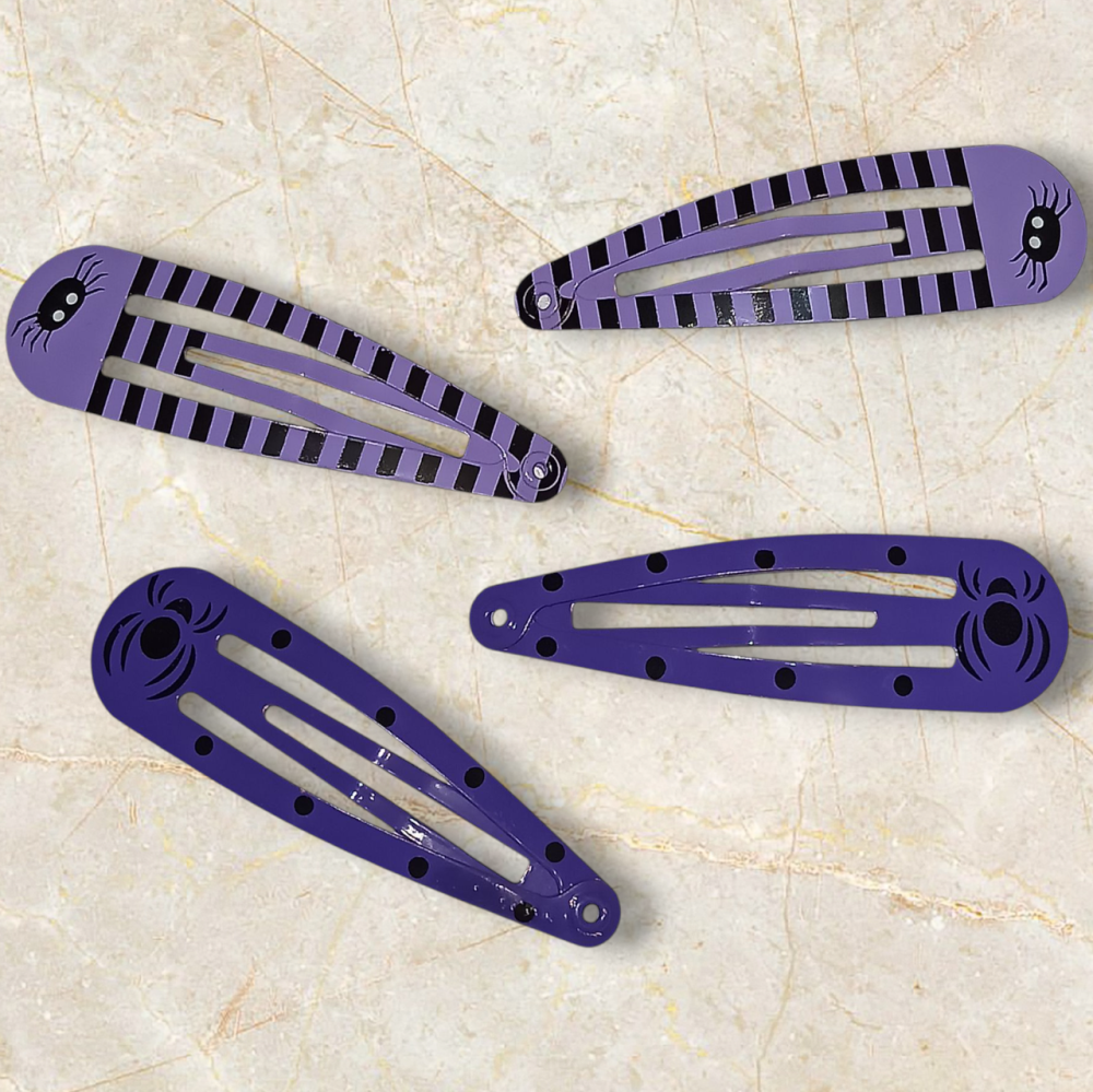 Набор 2 заколки с принтом паук и 2 заколки с принтом жучок для волос на Хэллоуин фиолетовый Киев - изображение 1