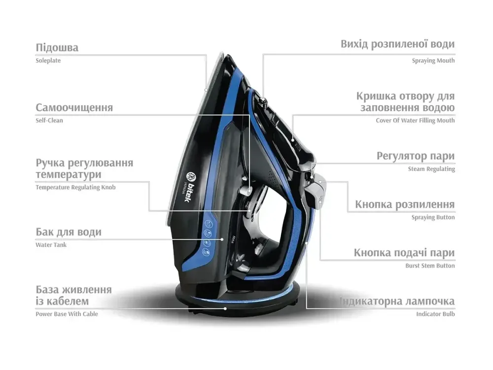 Праска парова бездротова з керамічною підошвою 3000Вт BITEK BT-1297B з базою 360 Одеса - фото 2
