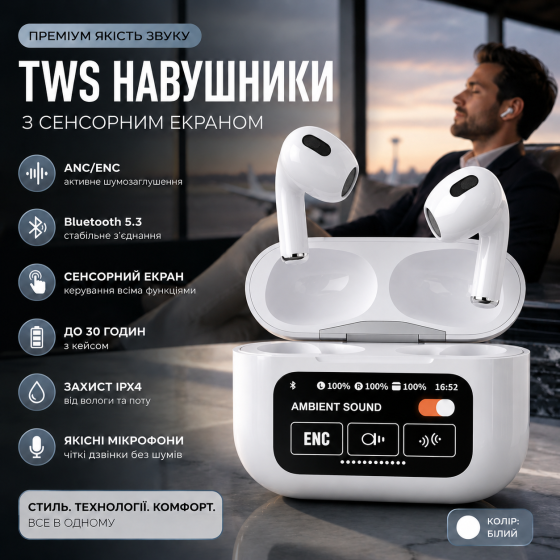 Беспроводные наушники TWS Air A10 Pro ANC с цифровым LCD-дисплеем и активным шумоподавлением, Bluetooth 5.2, White (Белые) Киев